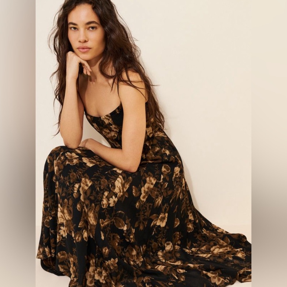Reformation Strapless Black and Brown Floral Dress